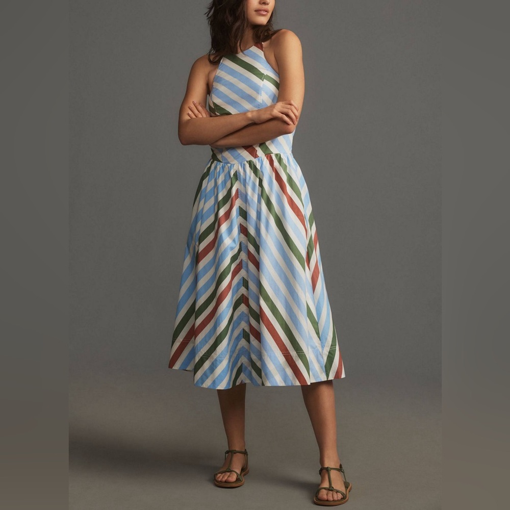 Anthropologie Striped Midi Dress in Blue, Green, Rust, White NWT